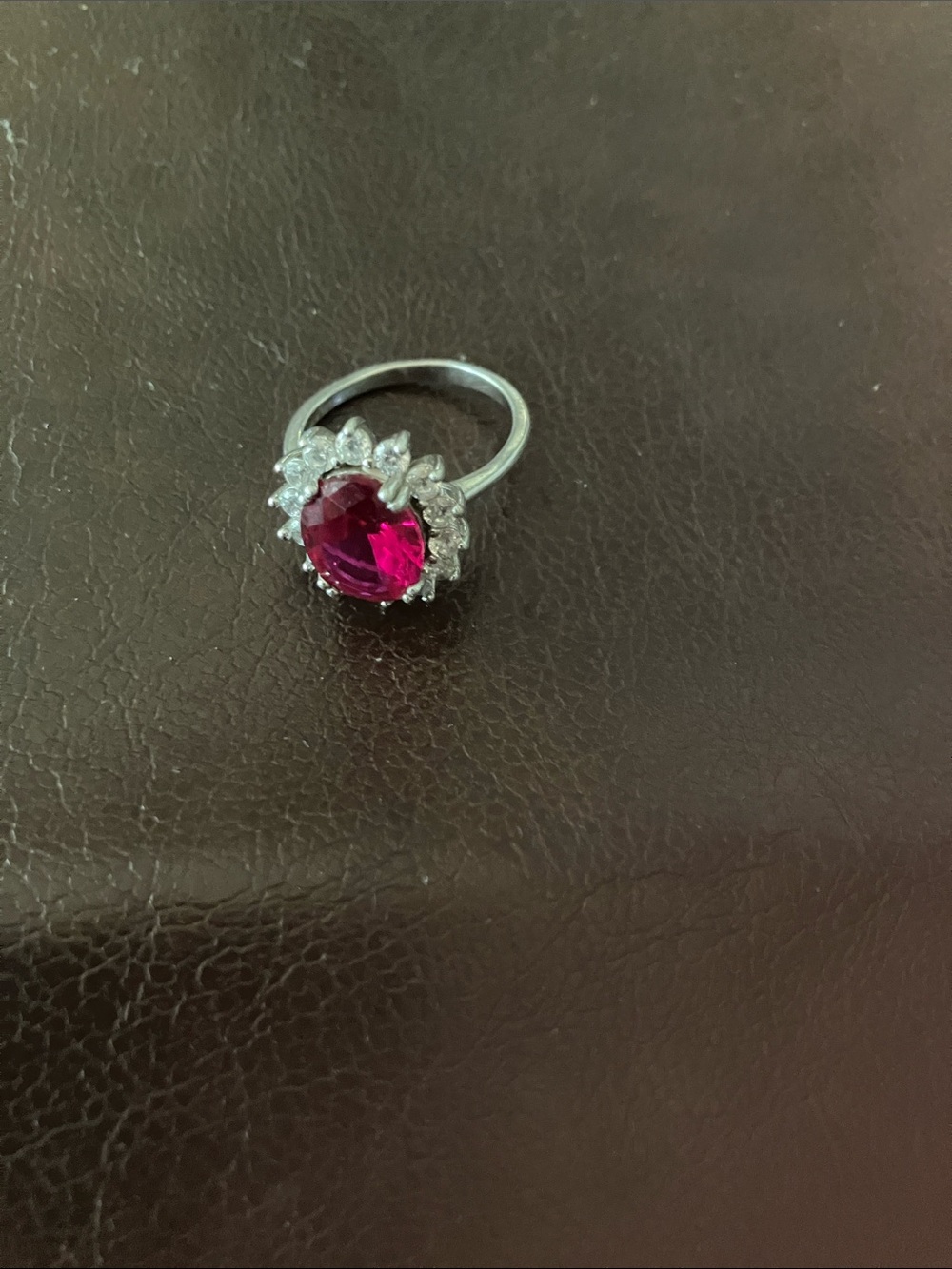 Sterling silver Ring with Deep Pink Center Stone and Clear Accent Stones